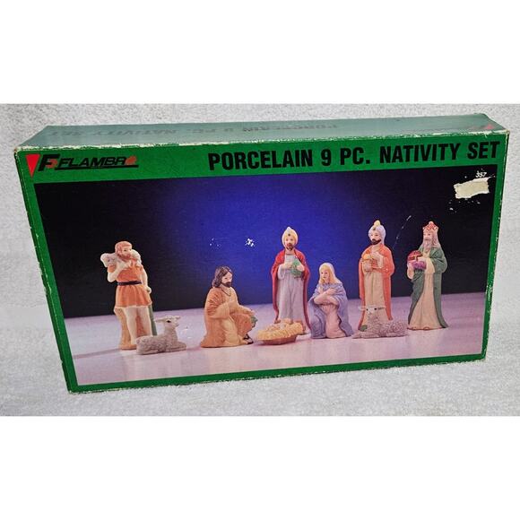 Porcelain Nativity Set Vintage 1990 Flambo Christmas Figurines Jesus IN BOX - Picture 1 of 9